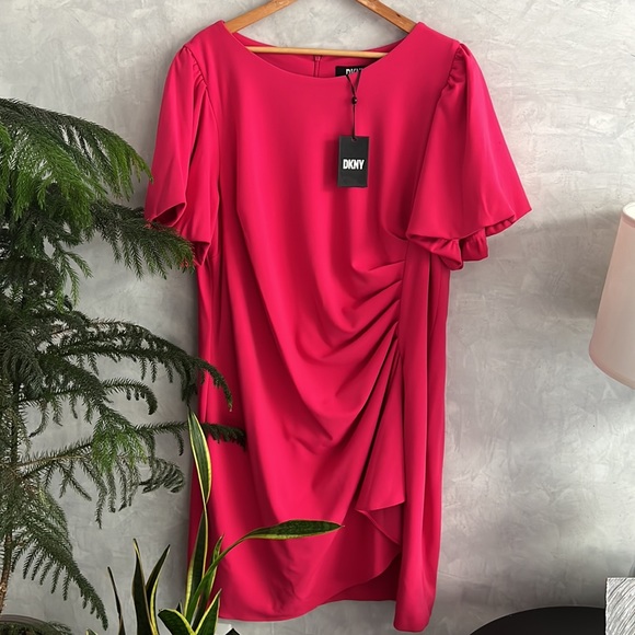 DKNY Plus SZ Short Puff Sleeve Crew Neck Side Ruching Scuba Crepe Sheath Dress - Picture 2 of 10